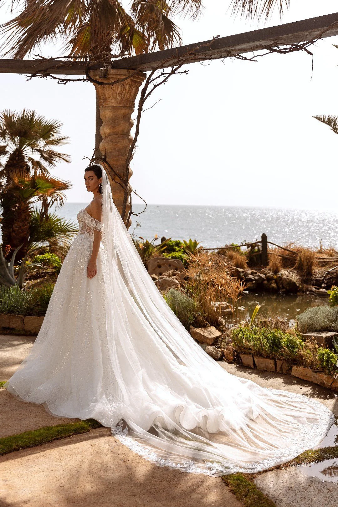 White Off-Shoulder Sheer Wedding Dress with Sparkling Sequins and Floral Lace - Plus Size-Florencia - Image 4
