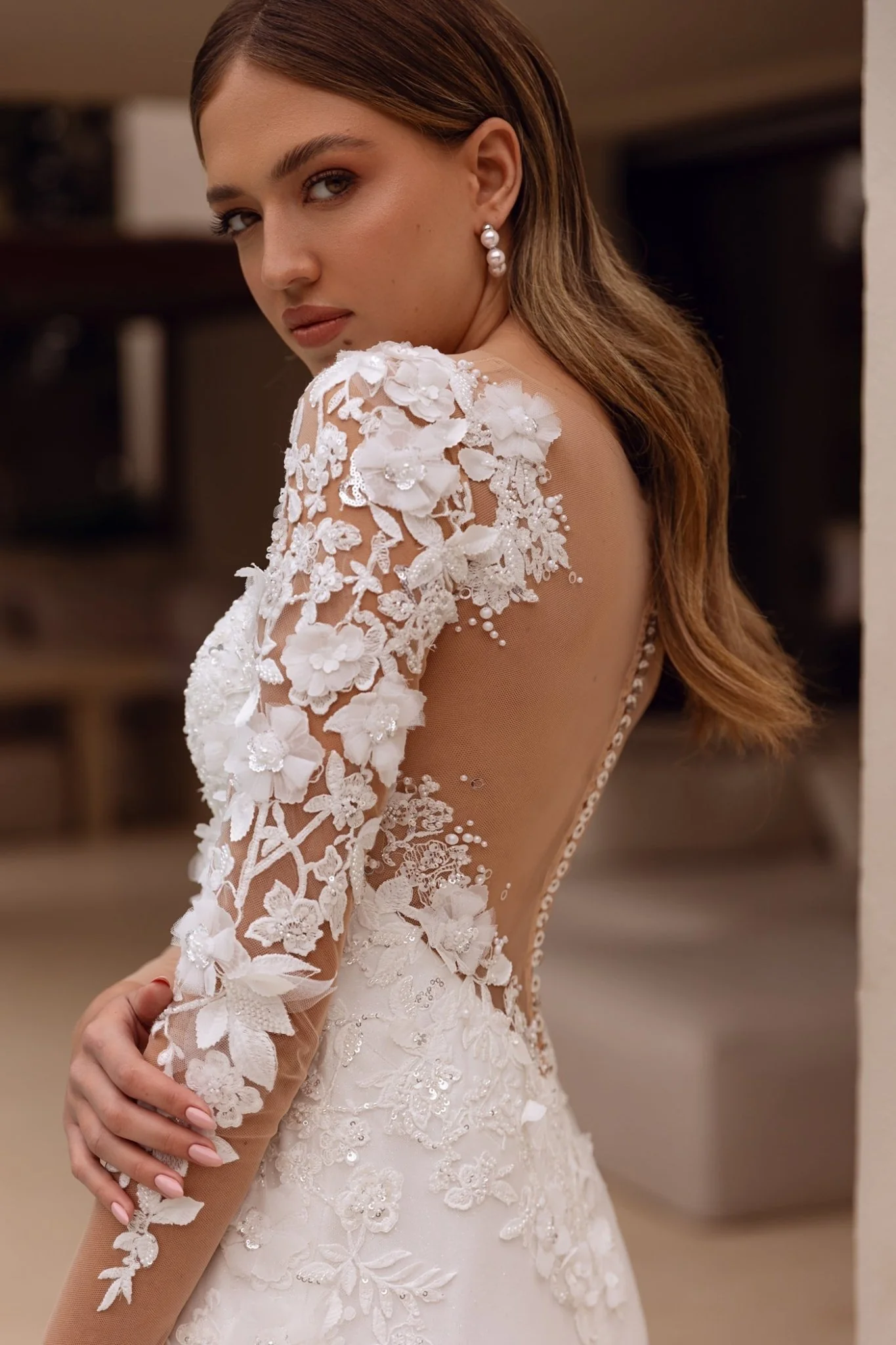 White Long-Sleeve Wedding Dress with Floral Lace Appliqué, Mermaid Silhouette, and Floor-Length Train - Plus Size-Florita - Image 3