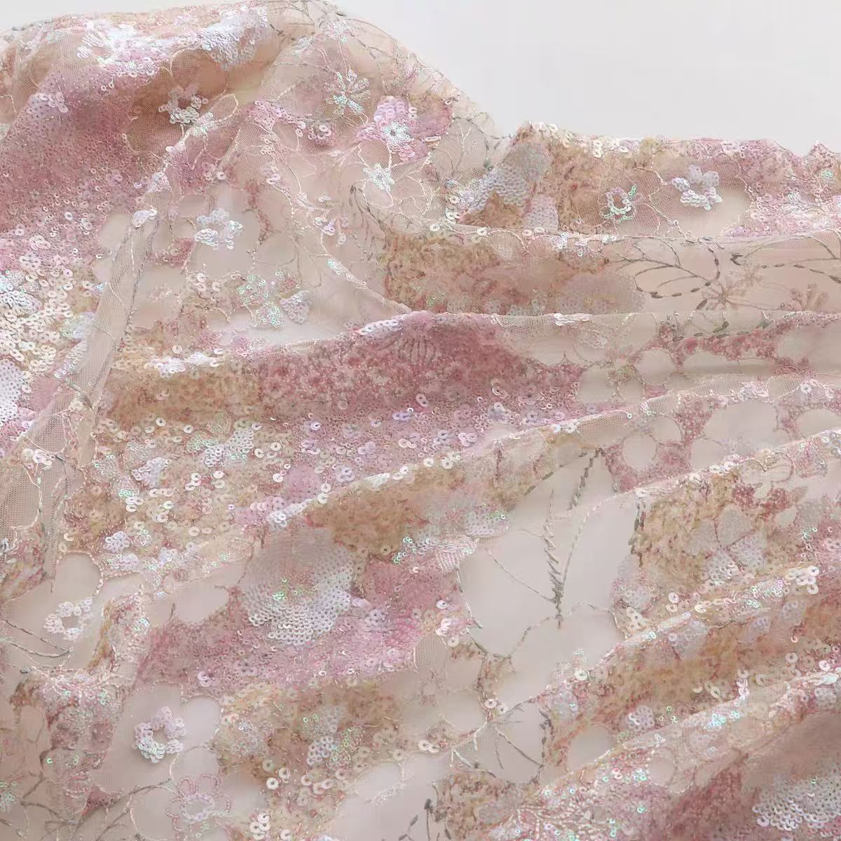 Full-Width Sequin Embroidered Mesh Fabric with Ruffled Pink Sequins for Qipao, Dresses, and Custom Apparel - Image 2