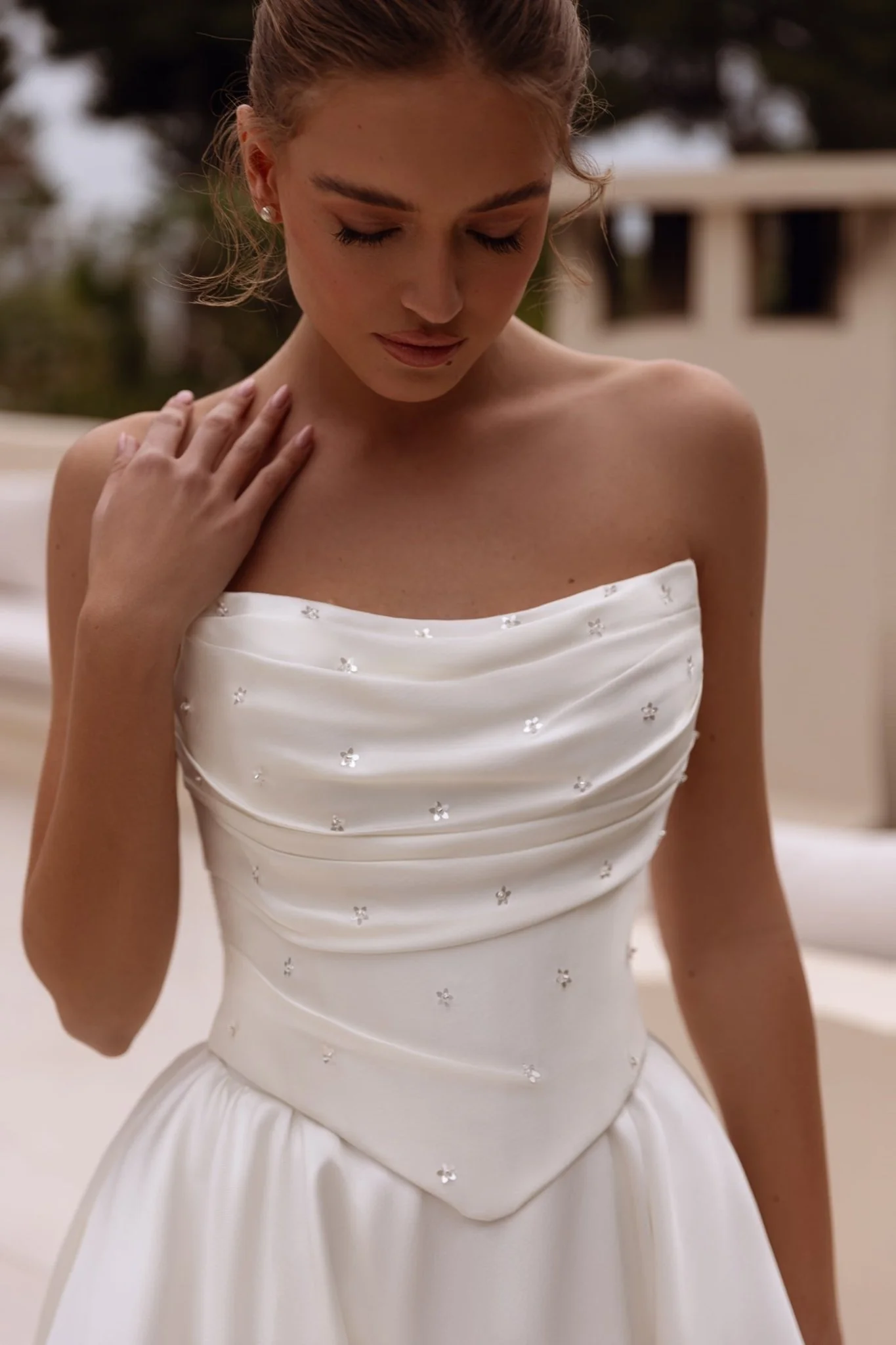White Strapless Satin Ball Gown Wedding Dress with Long Flowing Train - Plus Size-Gardenia - Image 2