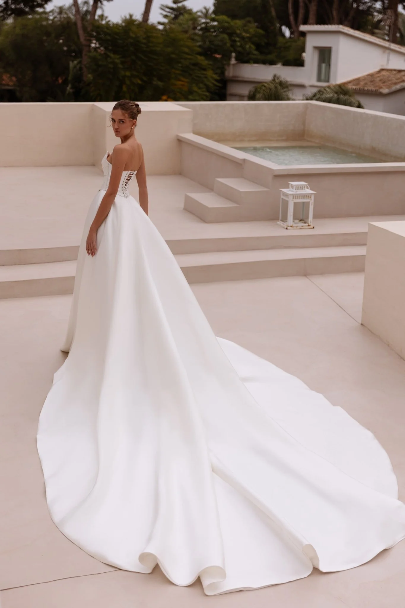 White Strapless Satin Ball Gown Wedding Dress with Long Flowing Train - Plus Size-Gardenia - Image 5