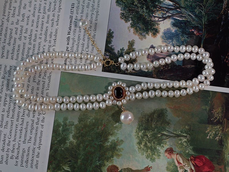 Garnet Victorian Drop Pearl Necklace - Regency Era Double Strand Chocker With Seedless Pearl - Image 3