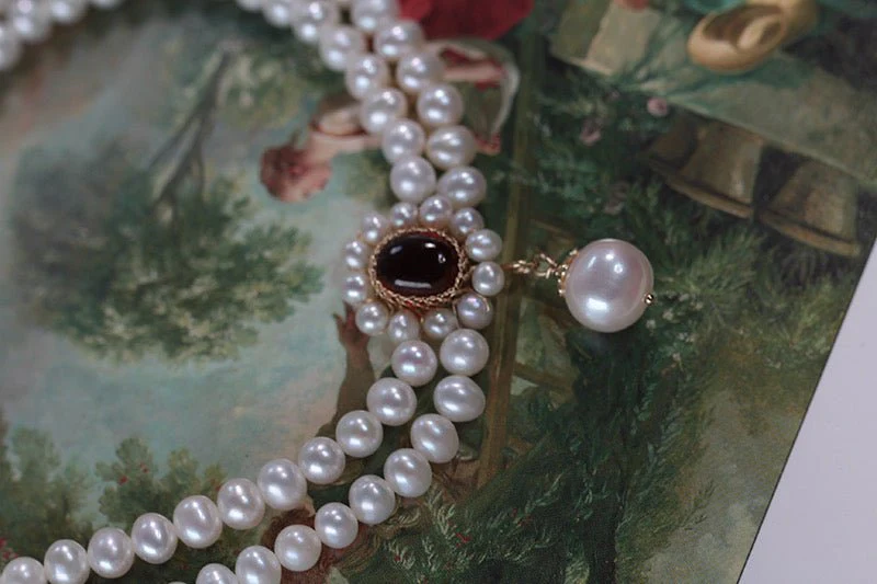 Garnet Victorian Drop Pearl Necklace - Regency Era Double Strand Chocker With Seedless Pearl - Image 4