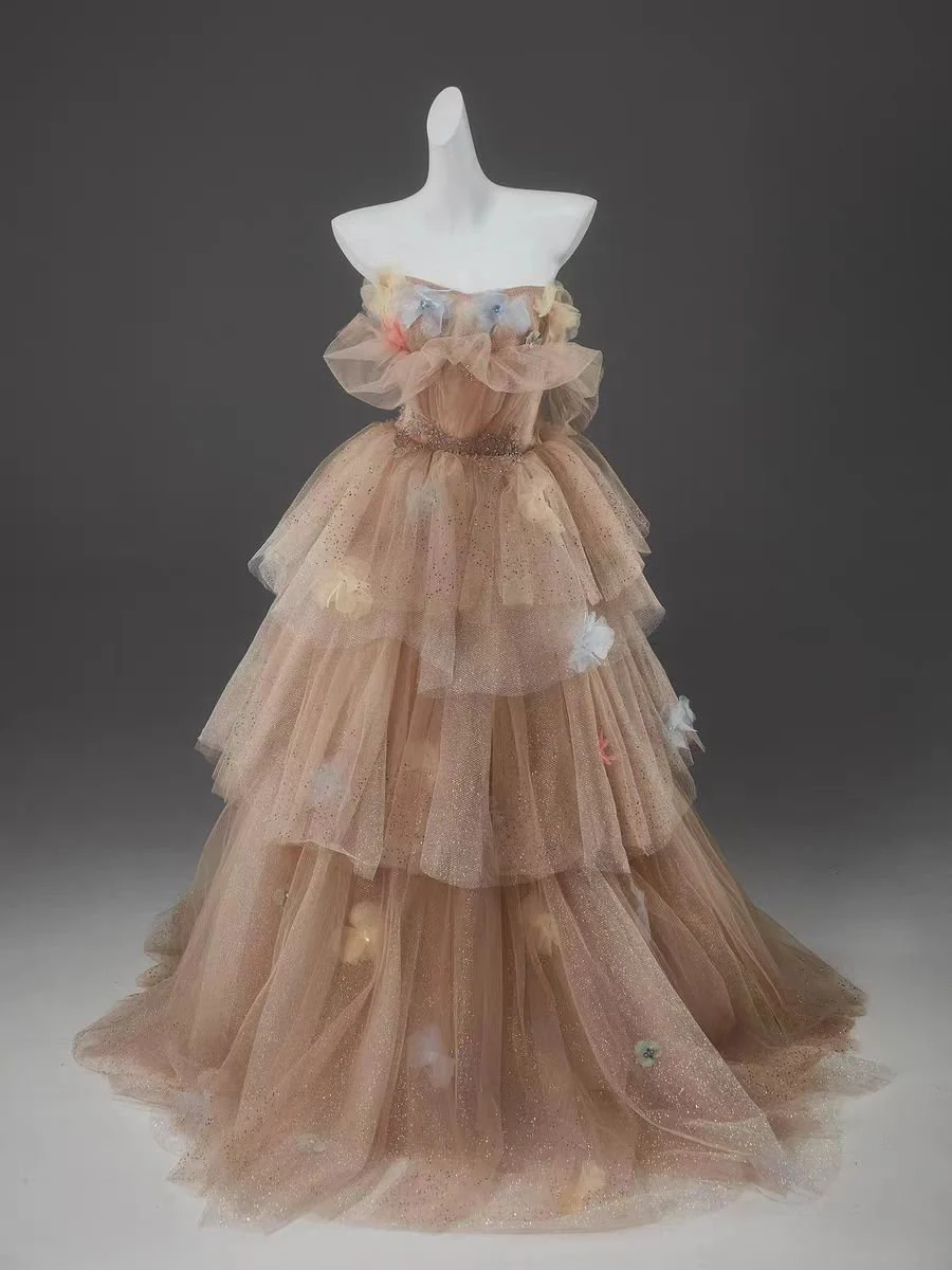 Champagne Tiered Tulle Off-Shoulder Evening Dress with Floral Embellishments - Plus Size
