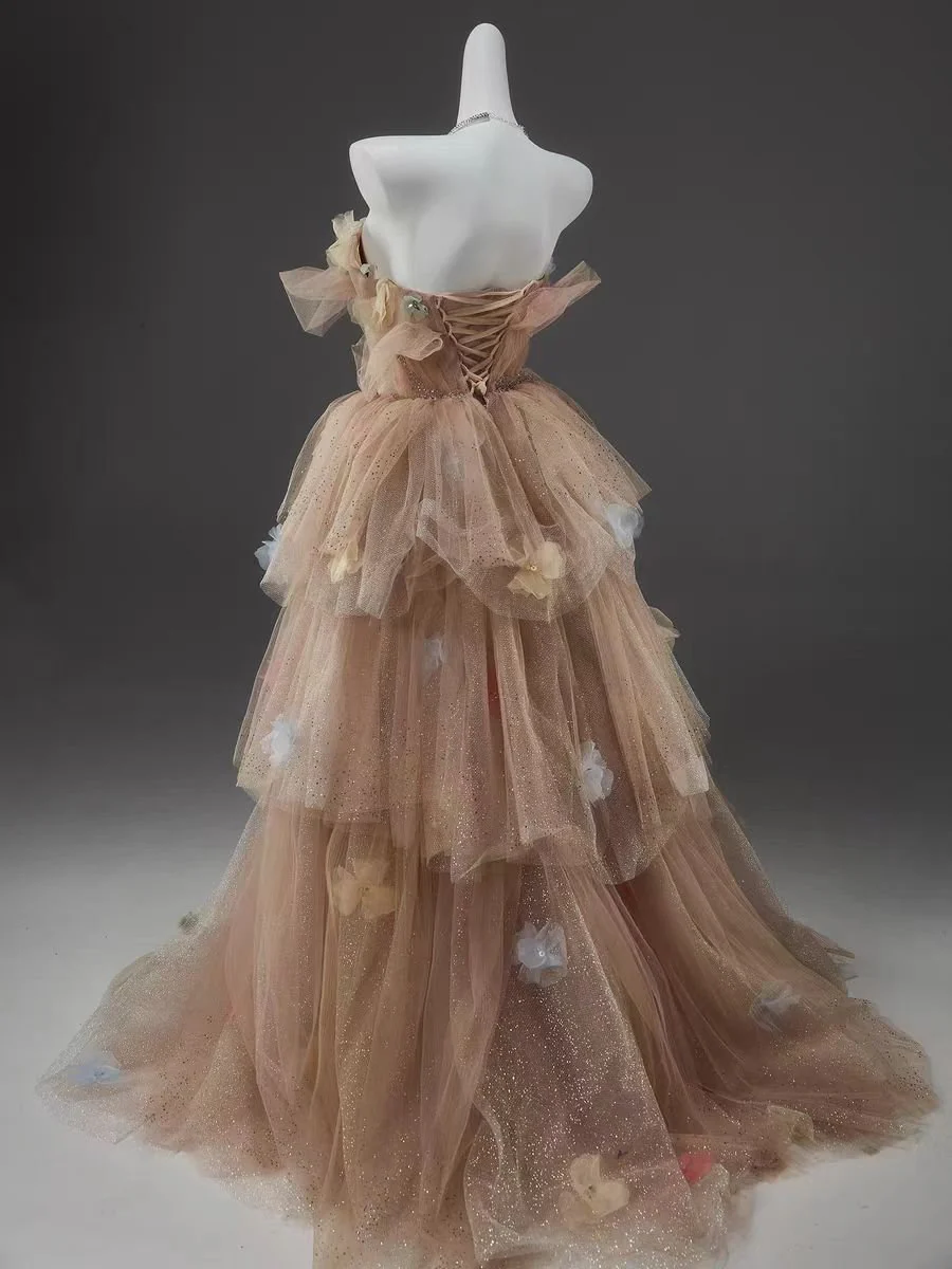 Champagne Tiered Tulle Off-Shoulder Evening Dress with Floral Embellishments - Plus Size - Image 2