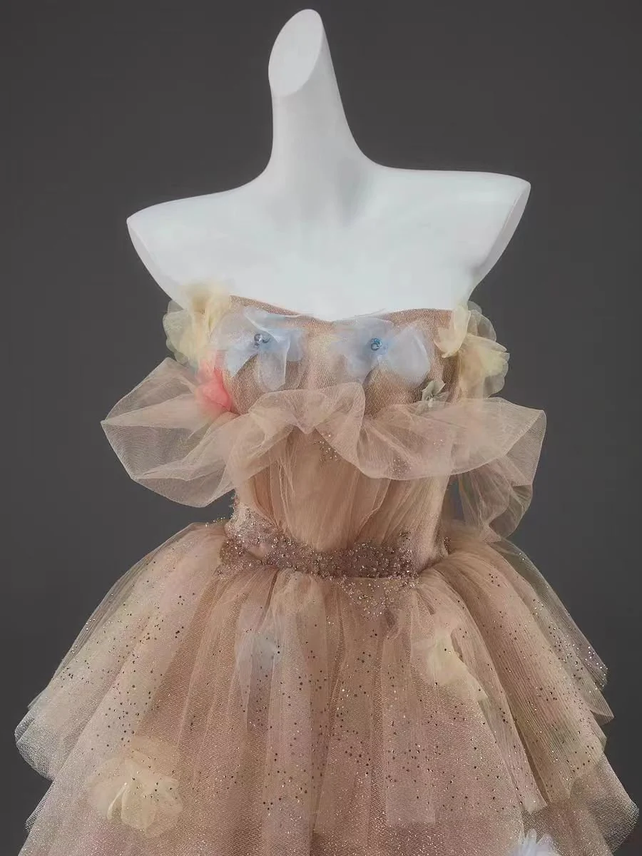 Champagne Tiered Tulle Off-Shoulder Evening Dress with Floral Embellishments - Plus Size - Image 3