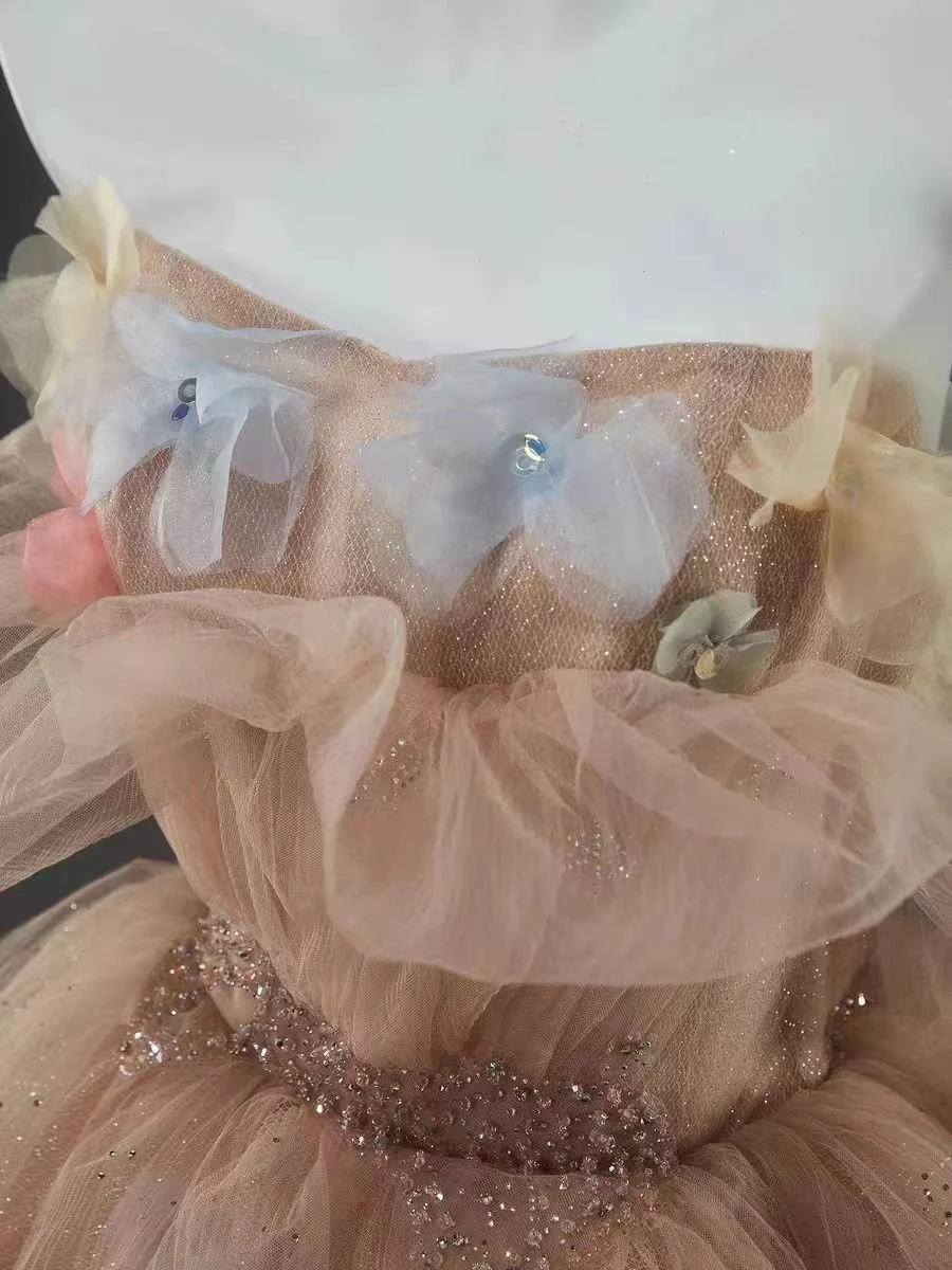 Champagne Tiered Tulle Off-Shoulder Evening Dress with Floral Embellishments - Plus Size - Image 4