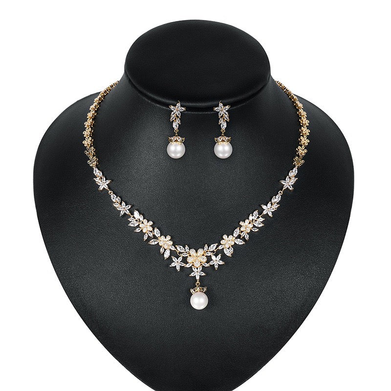 Gold Bridal Necklace Set with Micro-Inlaid Zircon and Pearl - Perfect Jewelry Set
