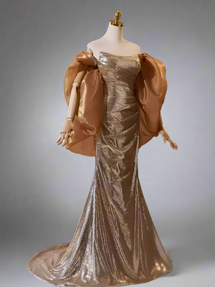 Gold Pretty Sequin Dress - Mermaid Dress Evening Gown - Strapless Sequins Evening Gown with Convertible Sleeves Plus Size - Image 3