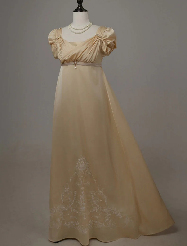 Gold Regency Era Dress with Elegant Embroidery - Custom Regency Dress with Puff Sleeves and Pearl Detailing Plus Size - Image 2