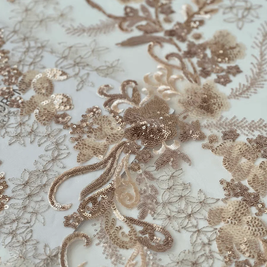 Gold Sequin Embroidered Floral Tulle Lace Fabric