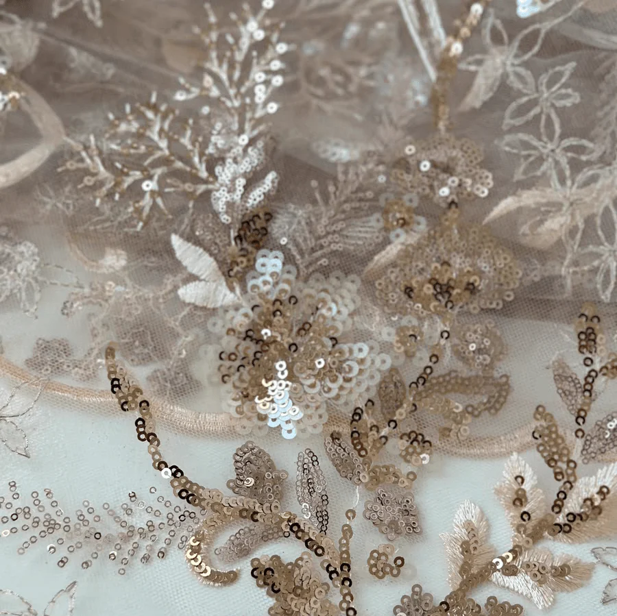 Gold Sequin Embroidered Floral Tulle Lace Fabric - Image 2