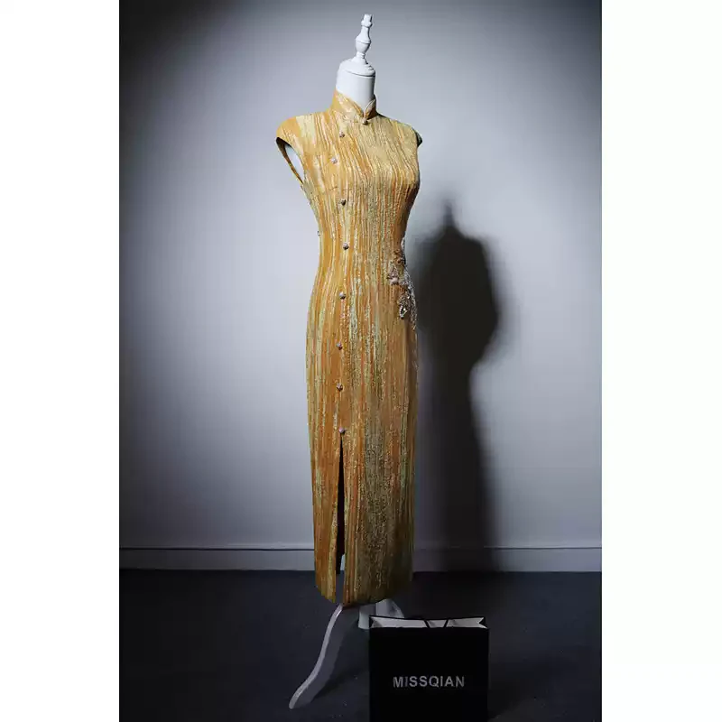 Golden Cheongsam Dress with Sleeveless Design - Golden Yellow Embroidered Formal Evening Gown with Buttons Plus Size - Image 2