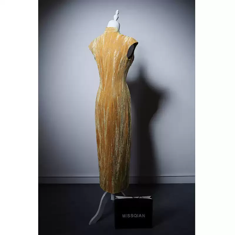 Golden Cheongsam Dress with Sleeveless Design - Golden Yellow Embroidered Formal Evening Gown with Buttons Plus Size - Image 3