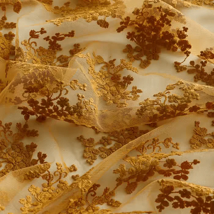 Golden Floral Embroidered Tulle Fabric