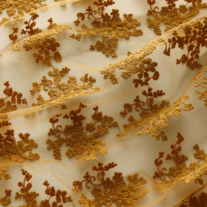 Golden Floral Embroidered Tulle Fabric - Image 2