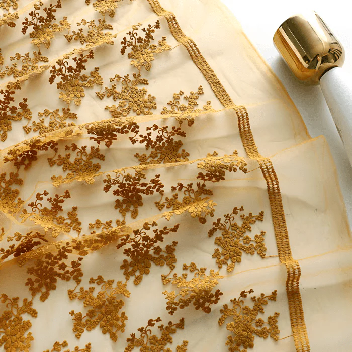 Golden Floral Embroidered Tulle Fabric - Image 3