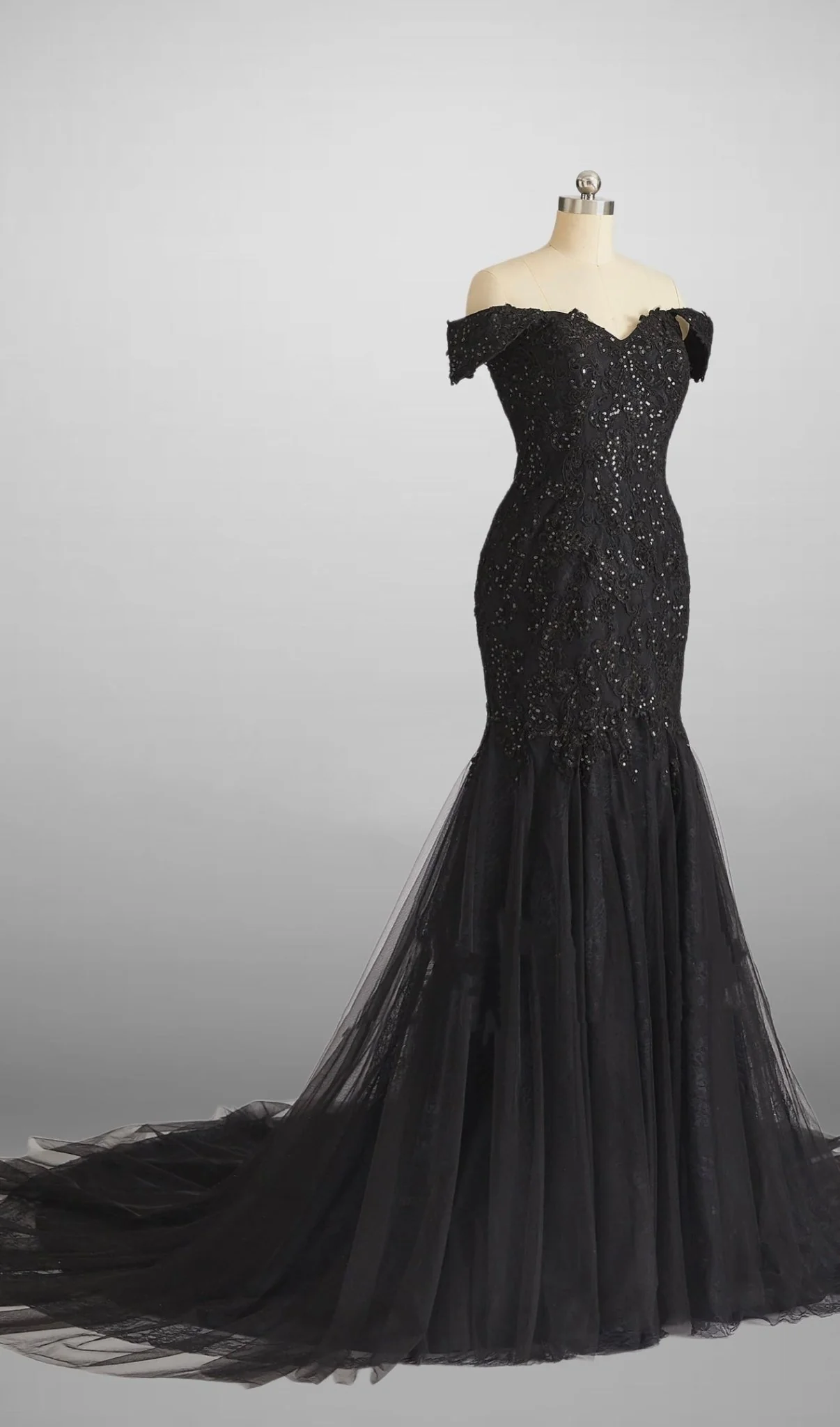 Vintage Inspired Gothic Black Lace Beaded Mermaid Wedding Dress Plus Size - Image 2