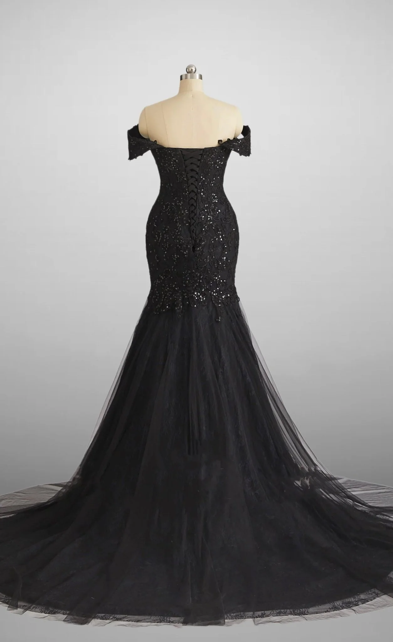 Vintage Inspired Gothic Black Lace Beaded Mermaid Wedding Dress Plus Size - Image 3