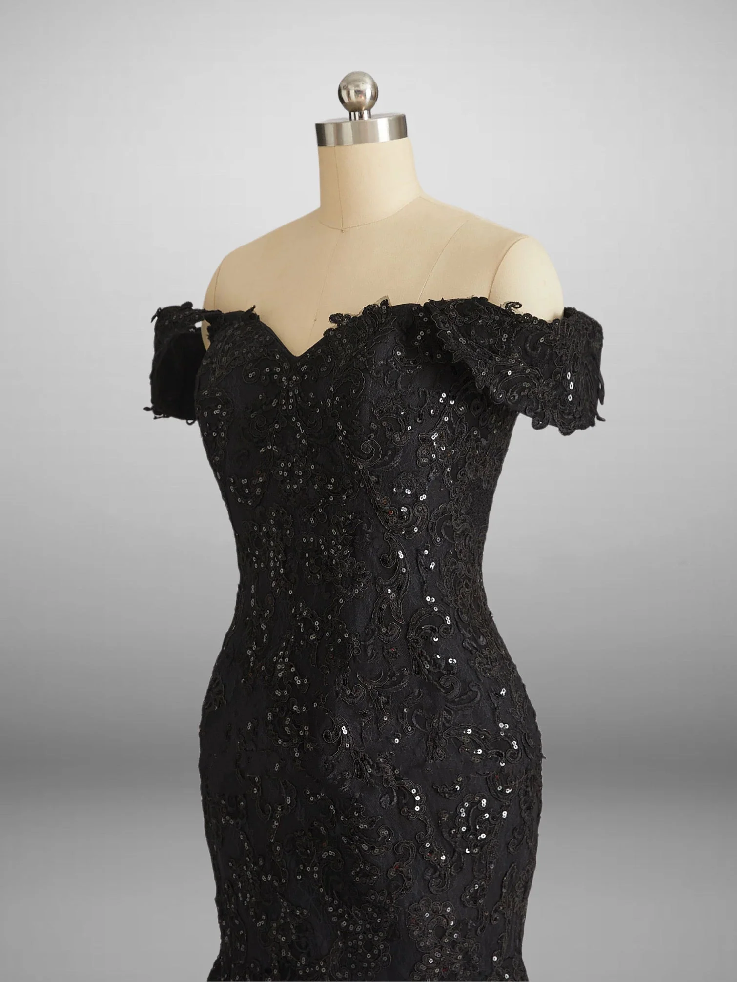 Vintage Inspired Gothic Black Lace Beaded Mermaid Wedding Dress Plus Size - Image 5