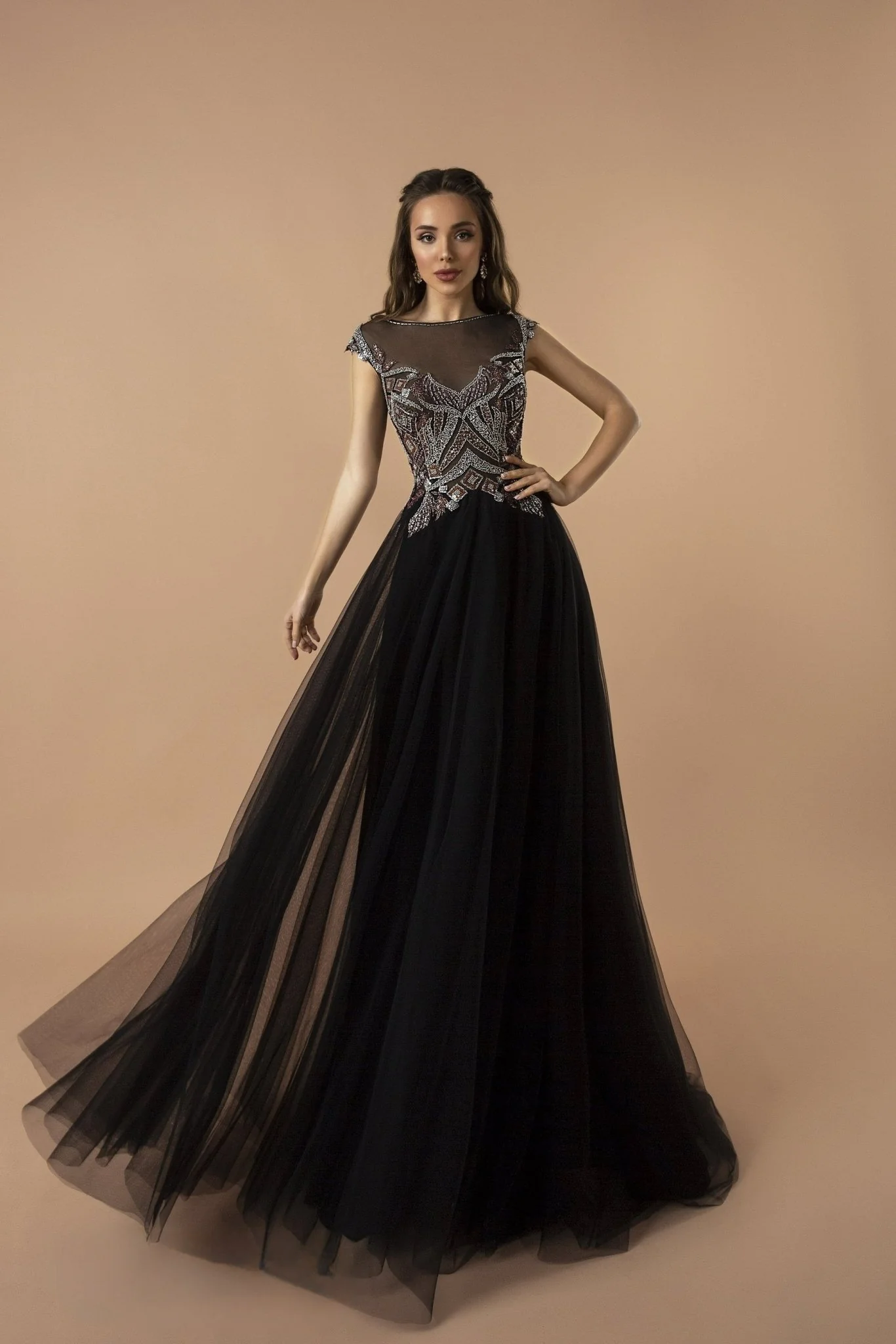 Gothic Beadwork A-Line Black Evenning Dress - Embellished Tulle Evening Gown Plus Size