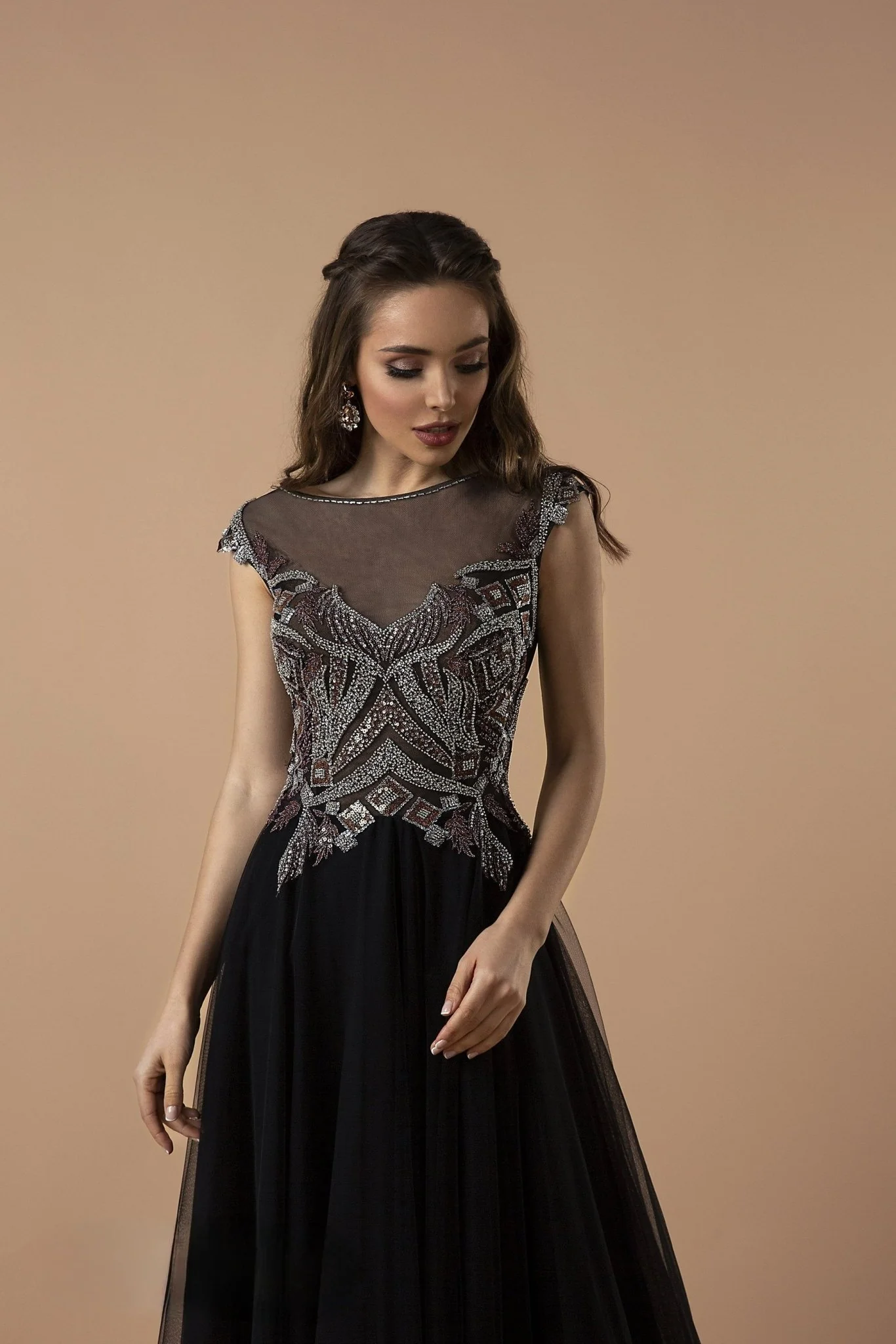 Gothic Beadwork A-Line Black Evenning Dress - Embellished Tulle Evening Gown Plus Size - Image 2
