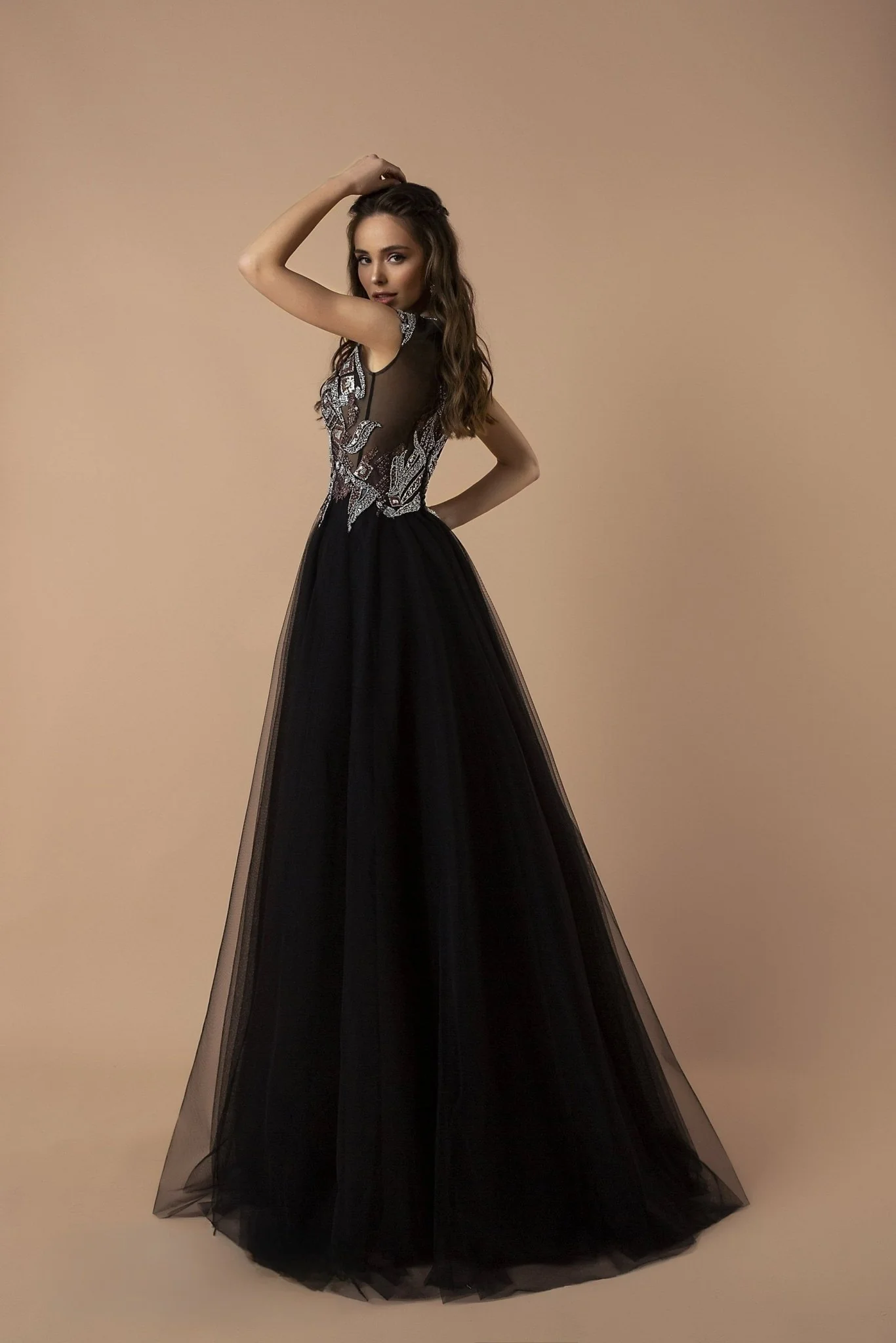 Gothic Beadwork A-Line Black Evenning Dress - Embellished Tulle Evening Gown Plus Size - Image 3