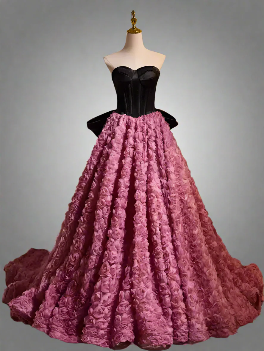 Gothic Black and Pink Ball Gown with Sweetheart Neckline - 3D Rose Dress with Strapless - Pink and Black Floral Ball Gown with Oversized Bow Plus Size