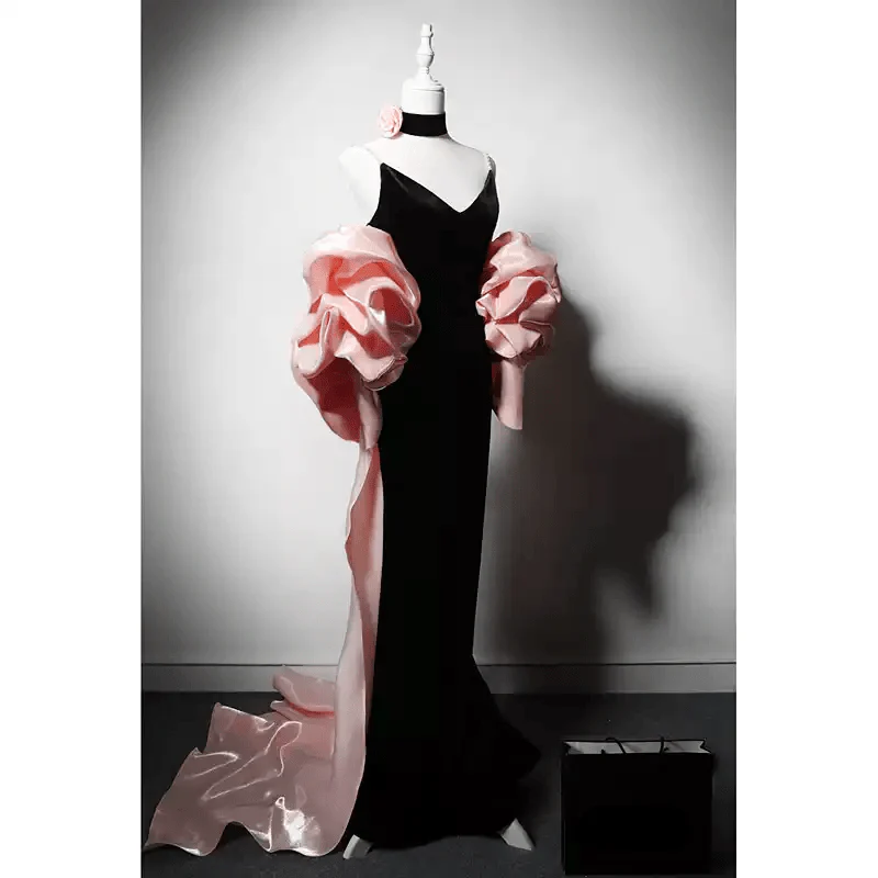 Gothic Black and Pink Velvet Evening Dress with V-Neck - Mermaid Dress Evening Gown with Pink Floral Accents Plus Size - Image 2