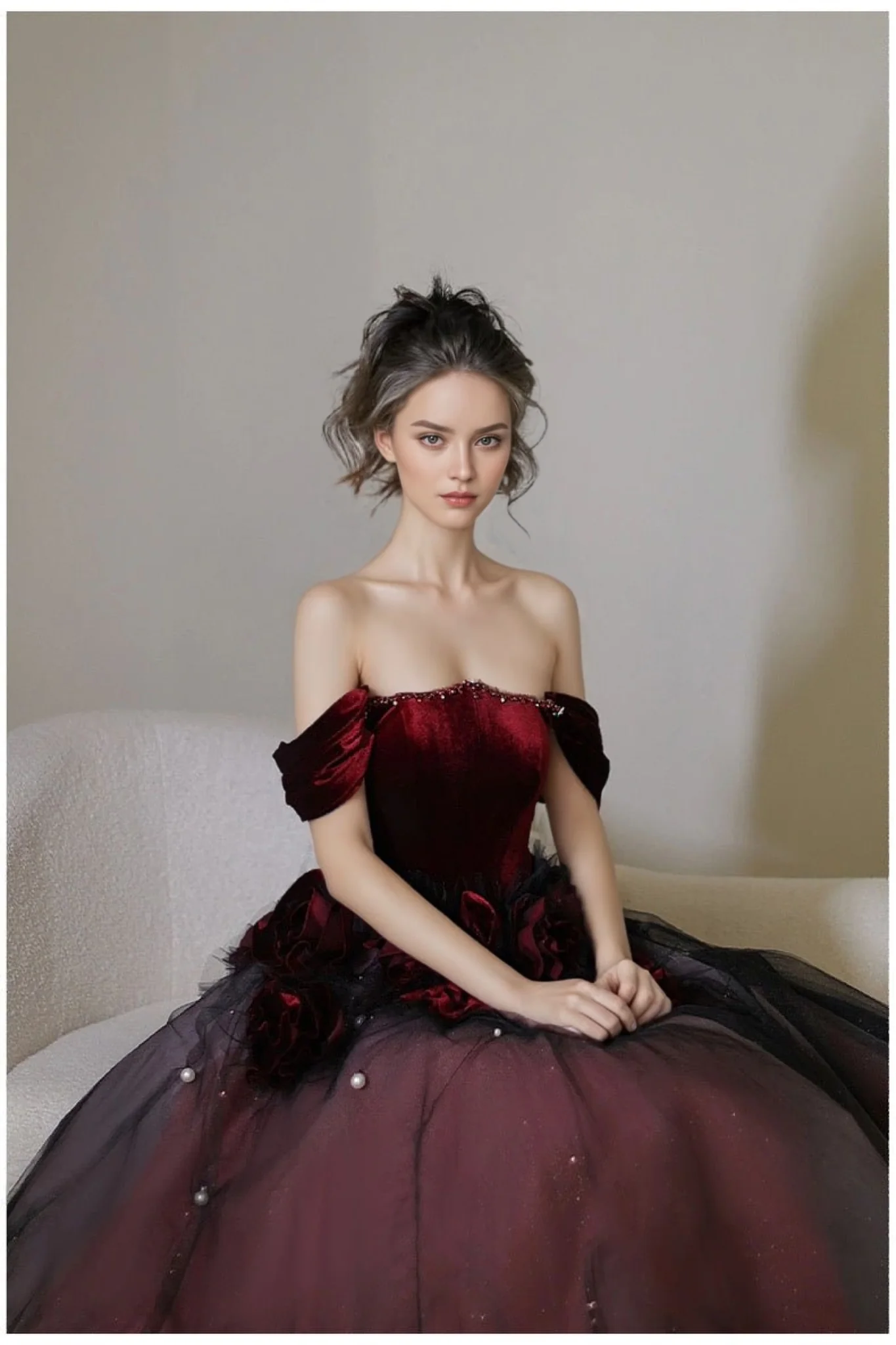 Gothic Black And Red Off Shoulder Ball Gown Wedding Dress With Rose Tulle Plus Size - Image 5