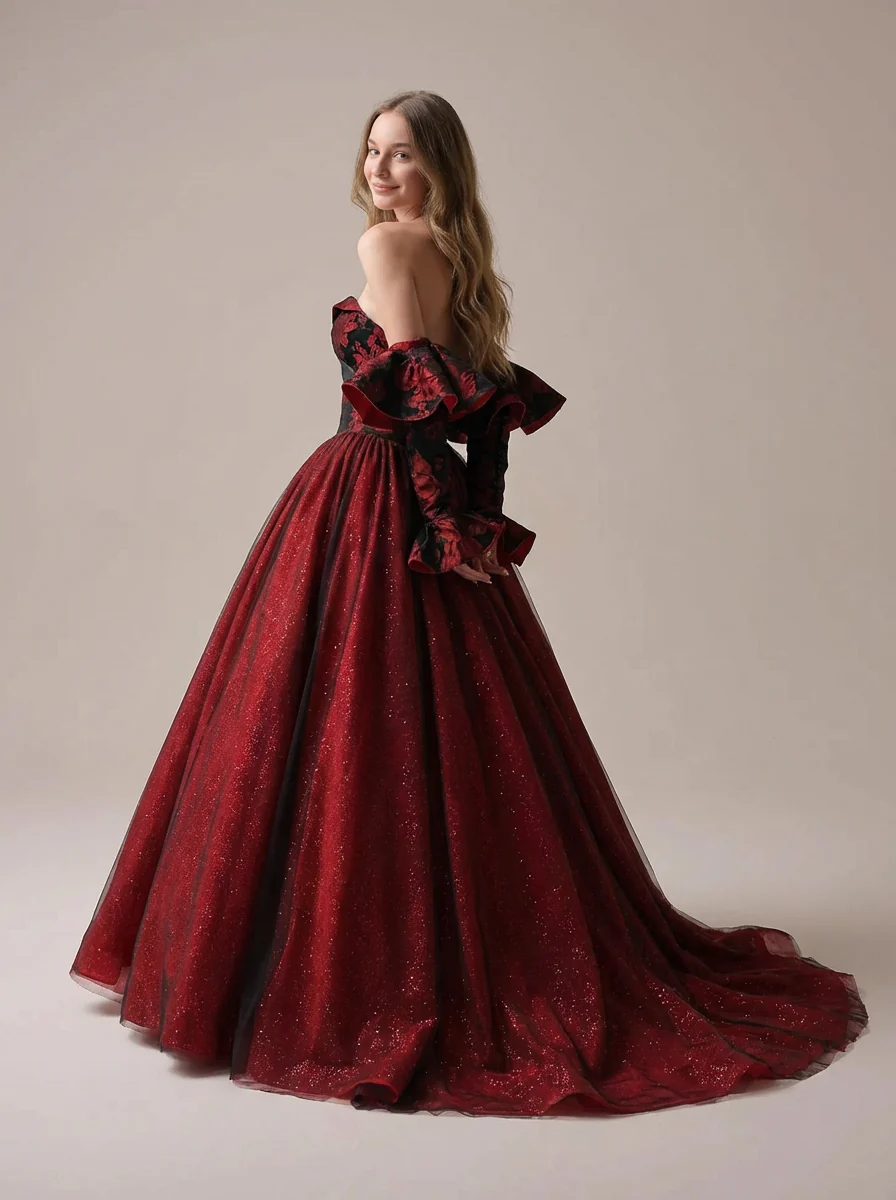 Gothic Black And Red Wedding Dress With Gloves - Burgundy Ball Gown Plus Size - Image 4