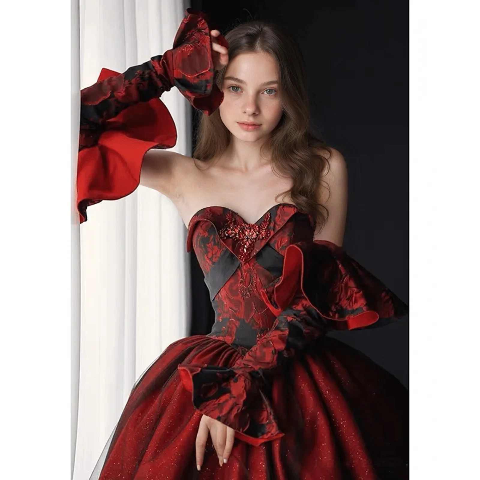 Gothic Black And Red Wedding Dress With Gloves - Burgundy Ball Gown Plus Size - Image 5