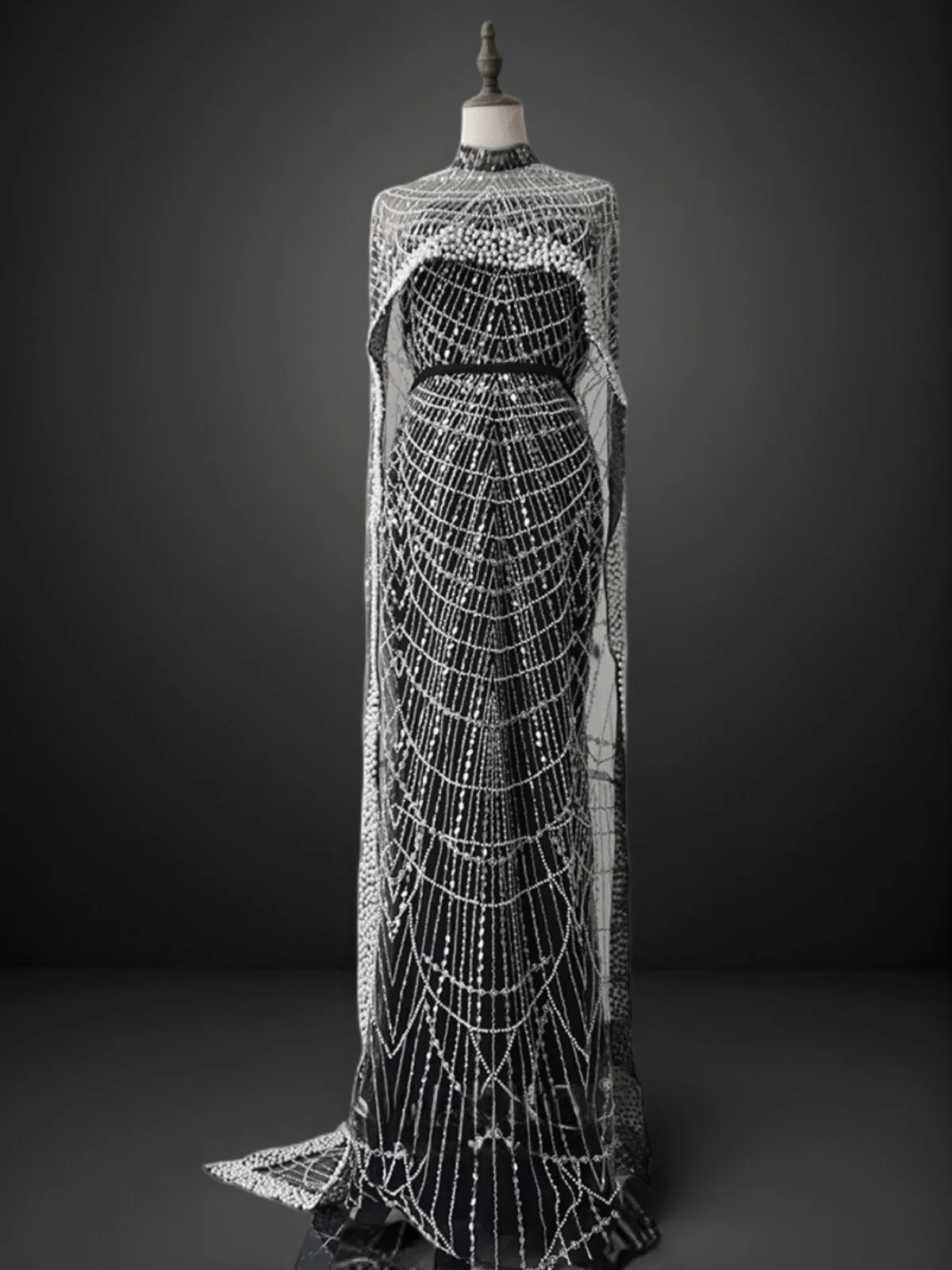 Gothic Black and Silver Sequin Gown - Black Beaded Evening Dress with Flowing Cape Plus Size