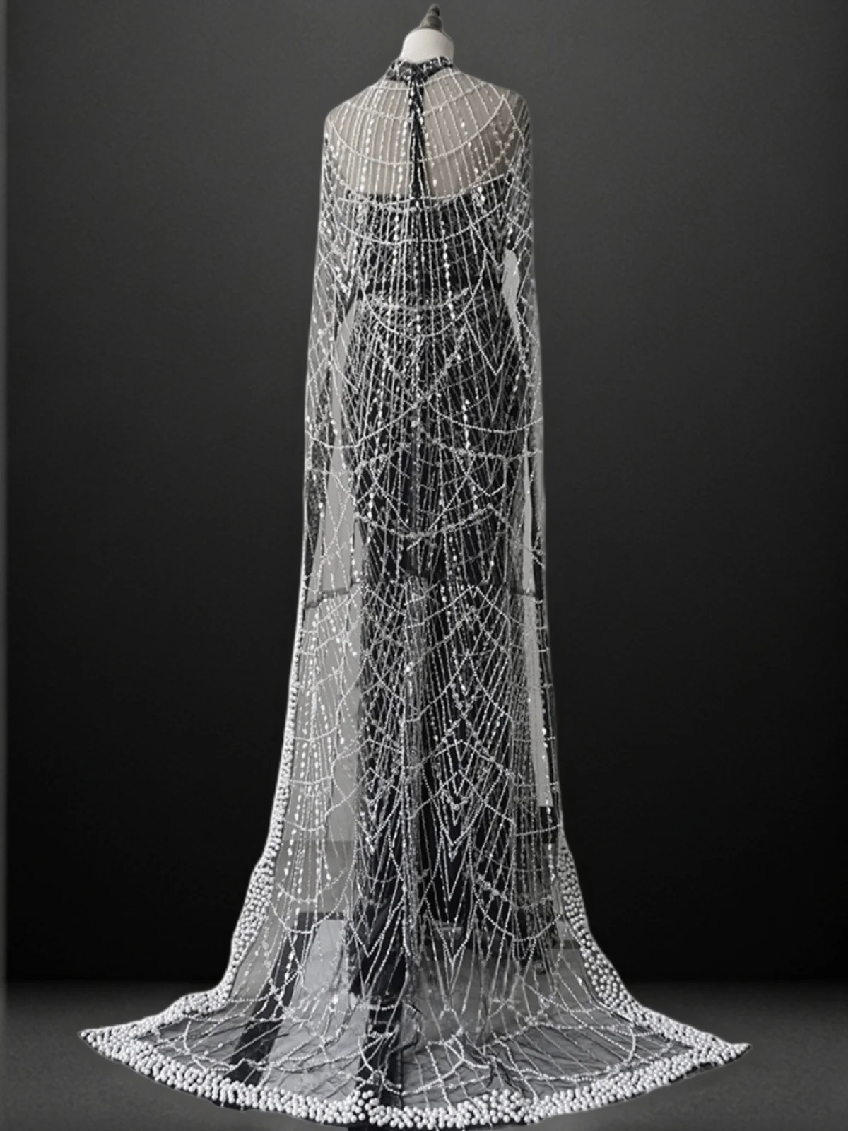 Gothic Black and Silver Sequin Gown - Black Beaded Evening Dress with Flowing Cape Plus Size - Image 2