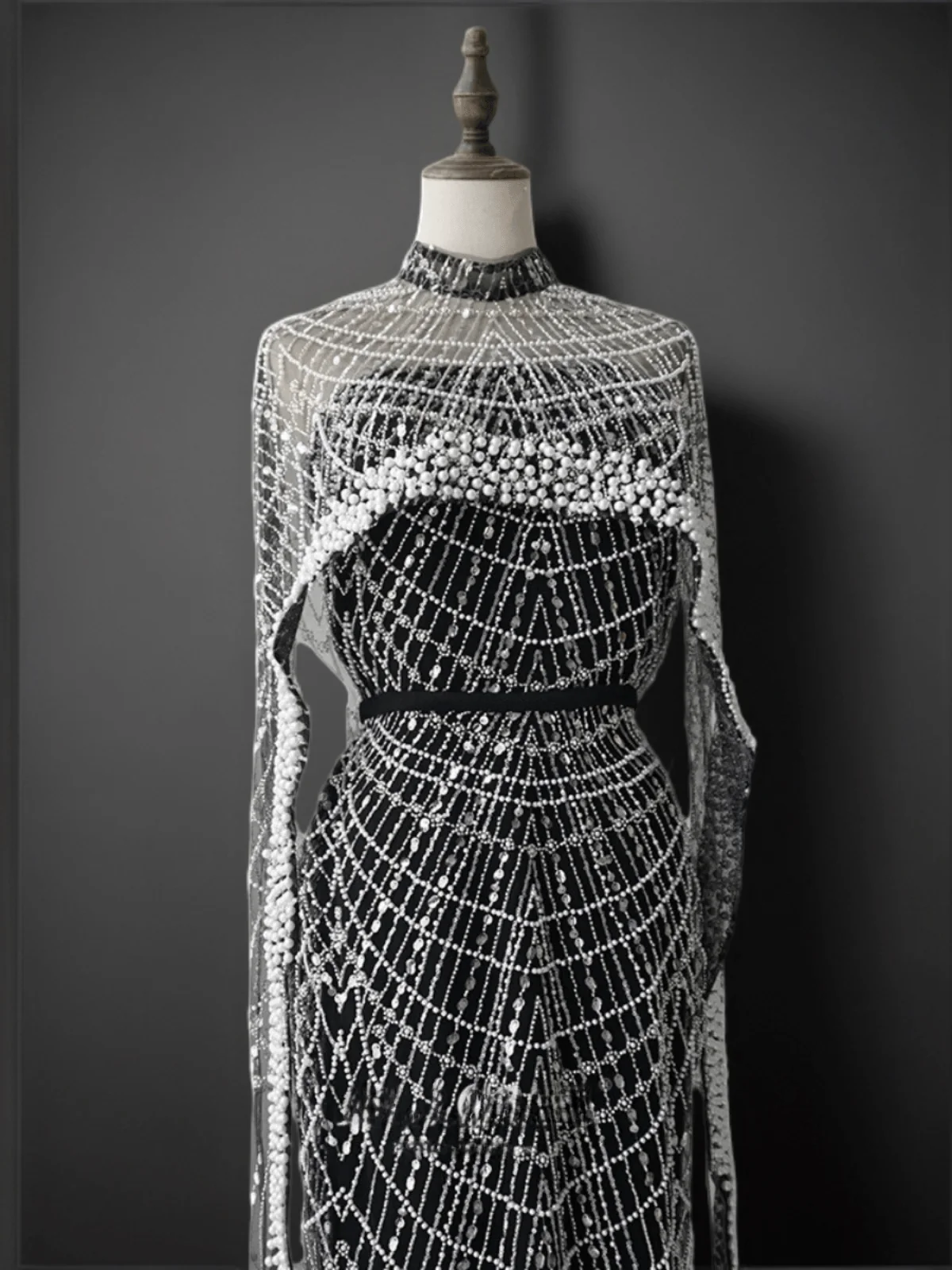 Gothic Black and Silver Sequin Gown - Black Beaded Evening Dress with Flowing Cape Plus Size - Image 3