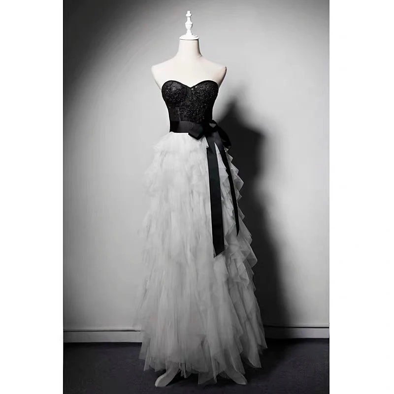 Gothic Black And White Lace Beaded Strapless Formal Dress Plus Size - Image 2
