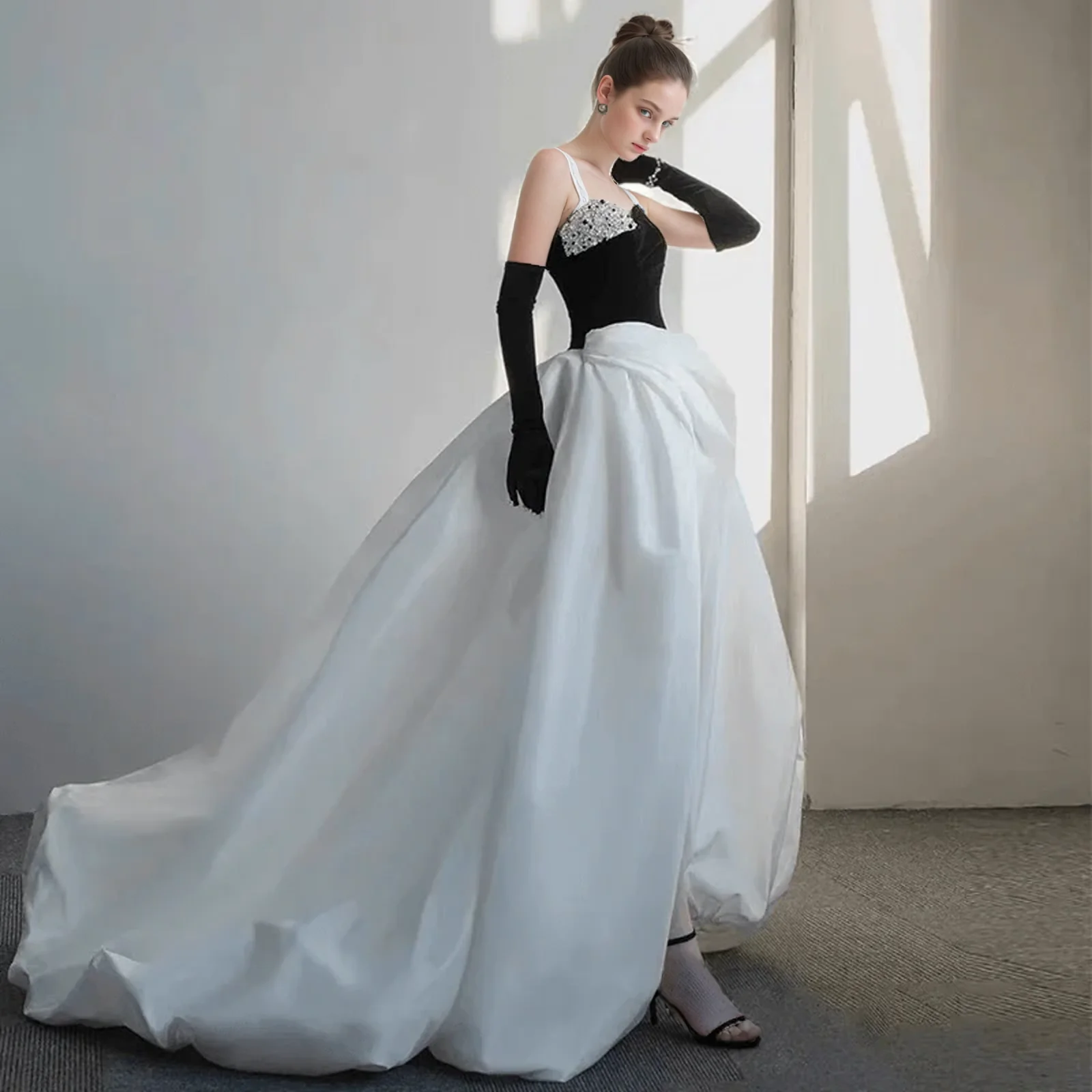 Gothic Black And White Off Shoulder Embellished Formal Dress - Evening Gown With Gloves Plus Size - Image 2