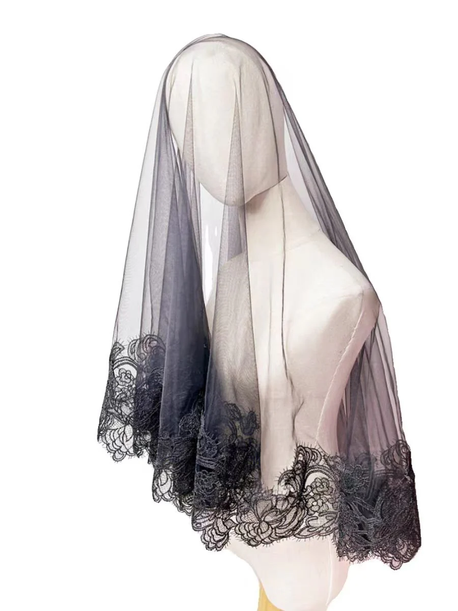 Gothic Black Cathedral Veil with Floral Lace Embroidery