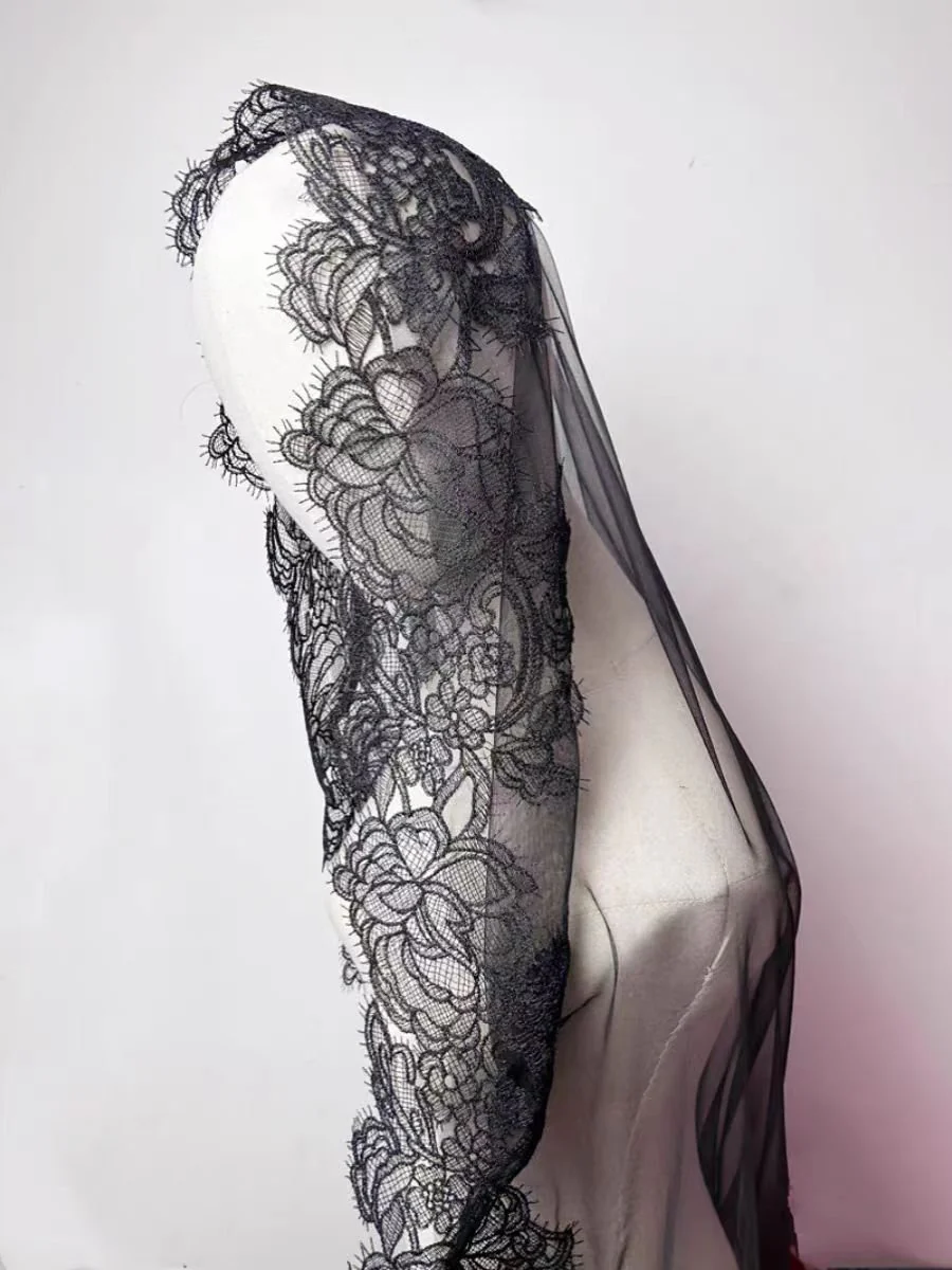 Gothic Black Cathedral Veil with Floral Lace Embroidery - Image 2