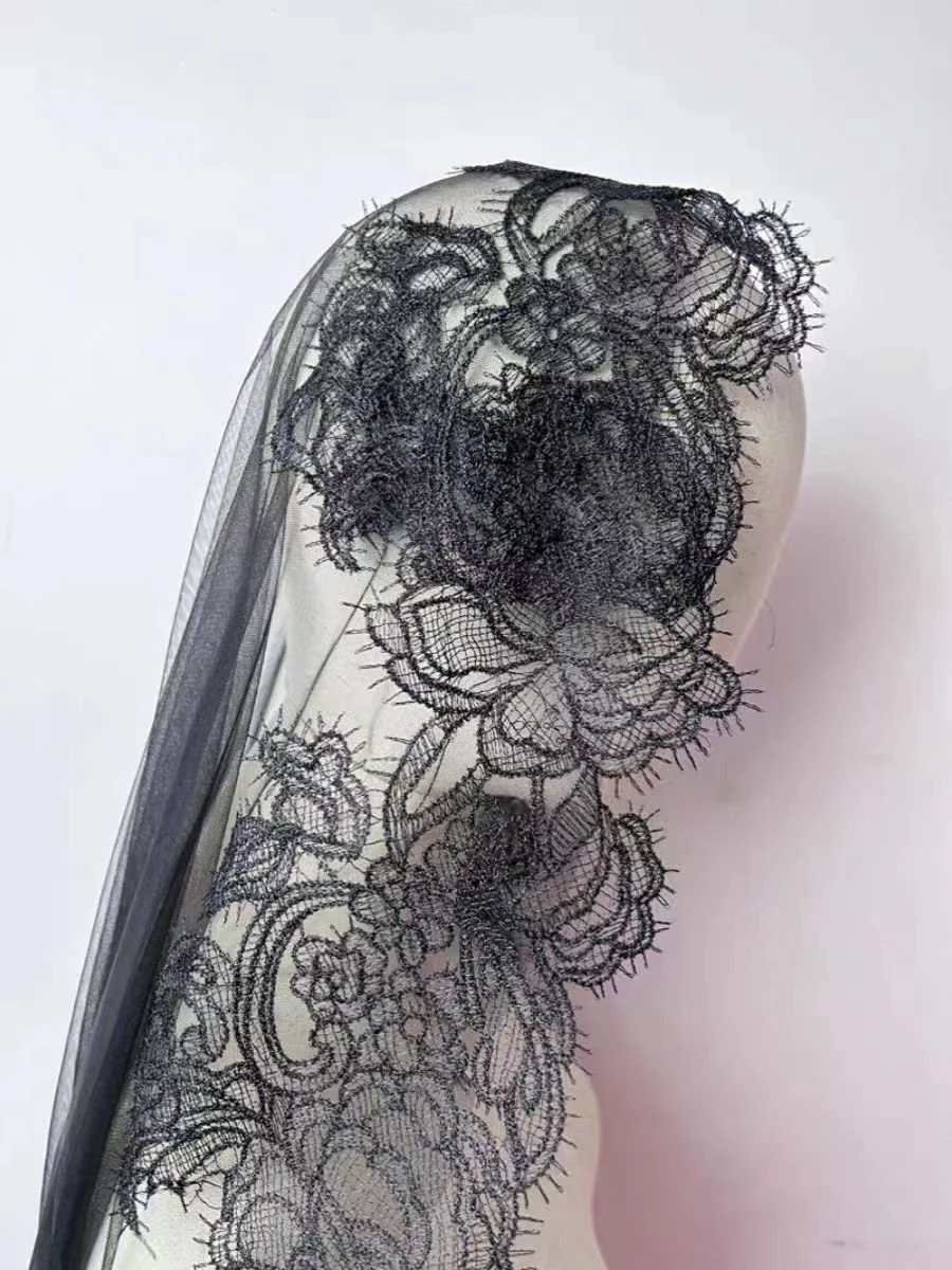 Gothic Black Cathedral Veil with Floral Lace Embroidery - Image 3