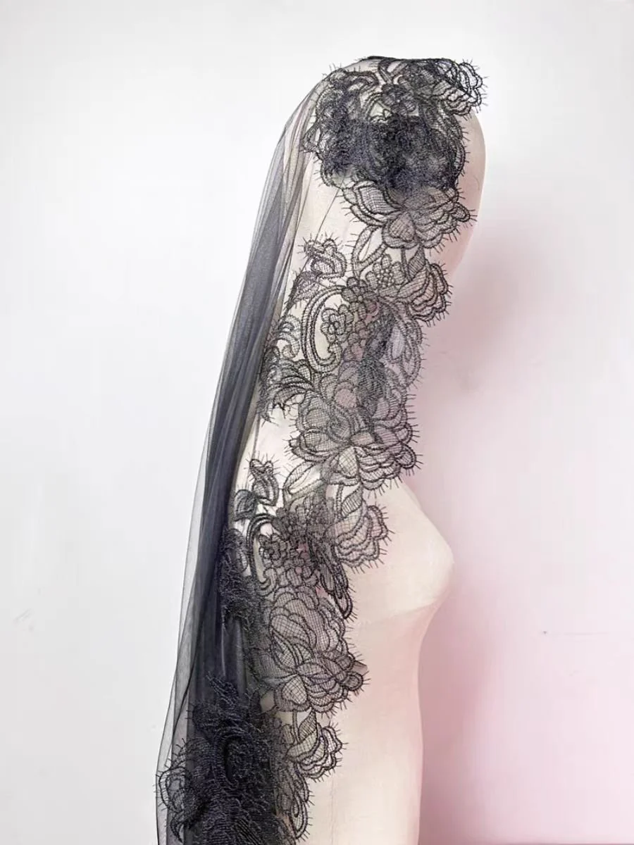 Gothic Black Cathedral Veil with Floral Lace Embroidery - Image 4