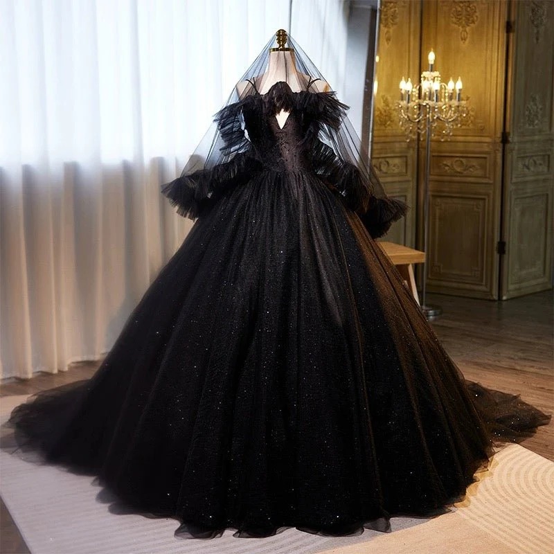 Gothic Black Dress for Wedding Party - Tulle Ball Gown with Beaded Straps and Ruffle Train Plus Size - Image 5