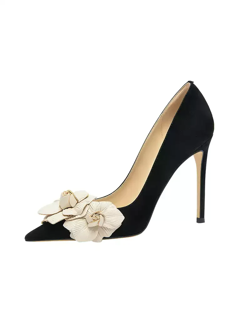 Gothic Black Elegant Floral Embellished Stiletto High Heels for Bridal - Image 2