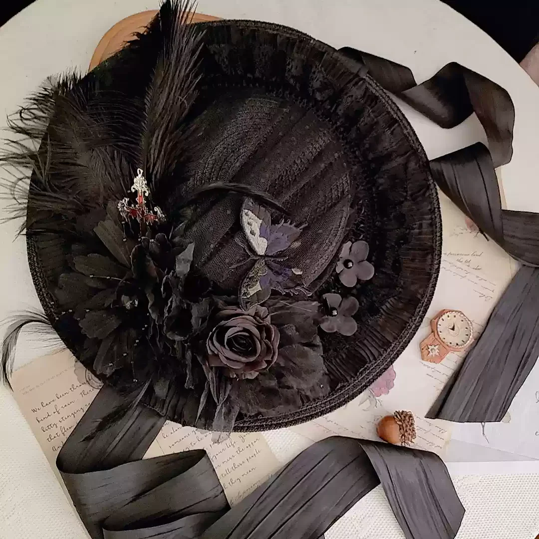 Gothic Black Hat with Dark Elegance - Luxurious Women's Gothic Hat - Image 2