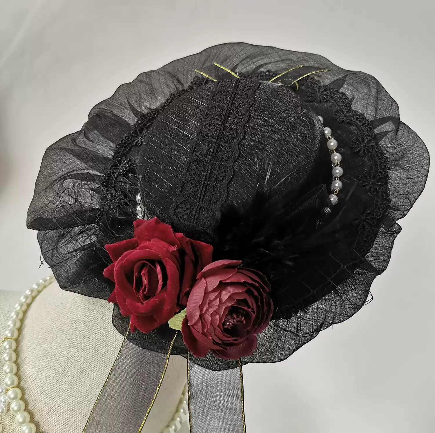 Gothic Black Hat with Dark Roses - Gothic Headpiece with Lace Details and pearl - Image 2