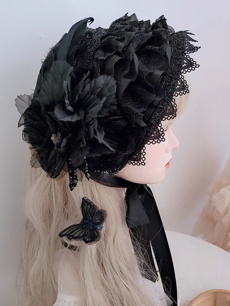 Gothic Black Hat with Dramatic Floral - Lolita Hat with Lace Embellished Cap - Image 2