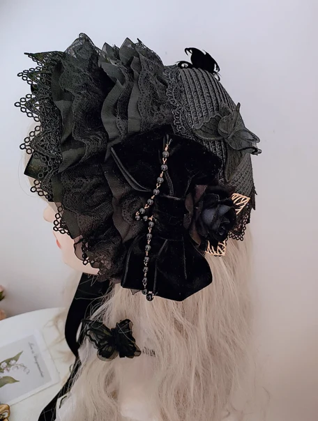 Gothic Black Hat with Dramatic Floral - Lolita Hat with Lace Embellished Cap - Image 3