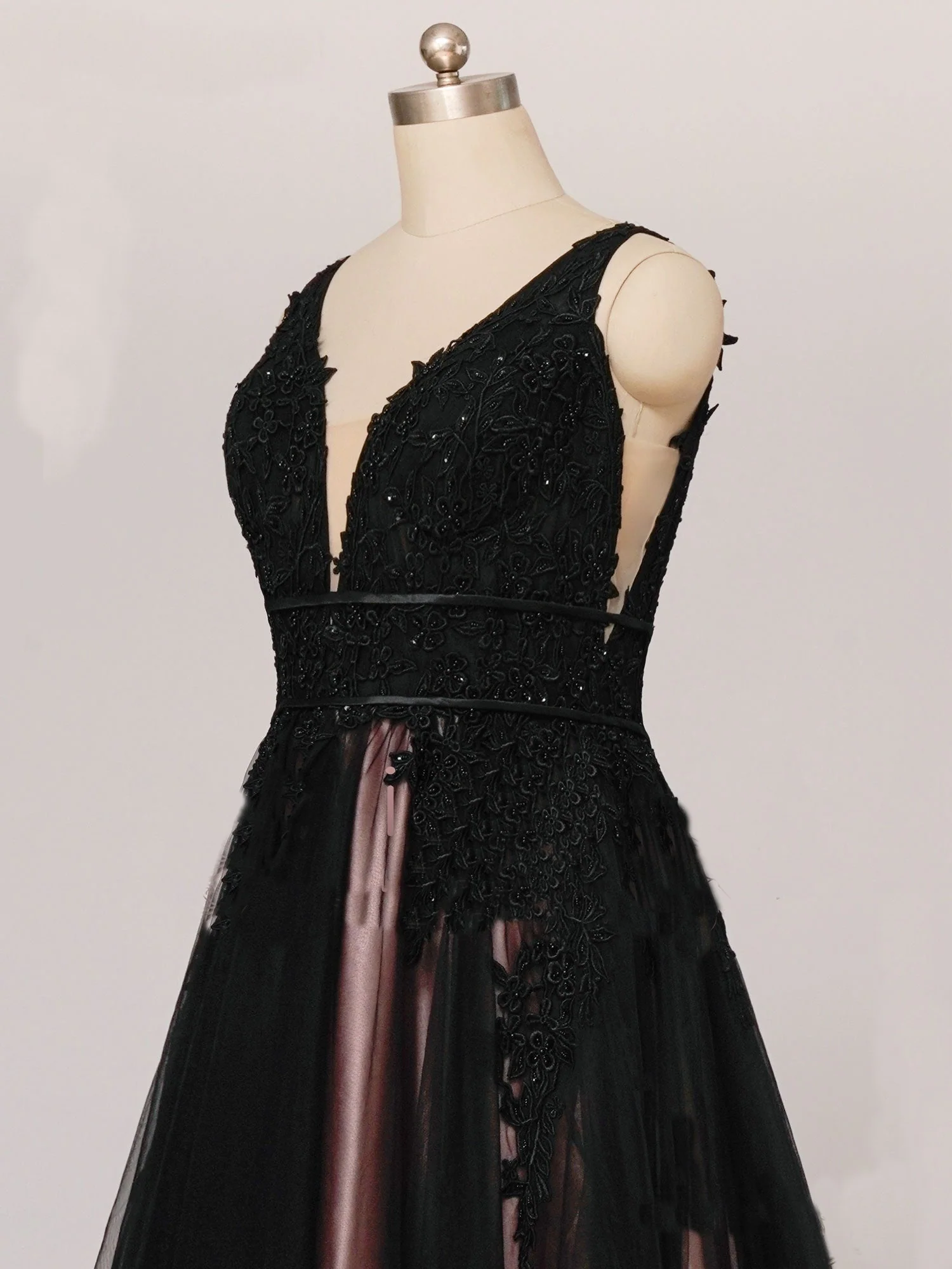 Gothic Black Lace A-Line Wedding Dress with V-Neck - Aline Ball Gown Wedding Dress with Sheer Train Plus Size - Image 4