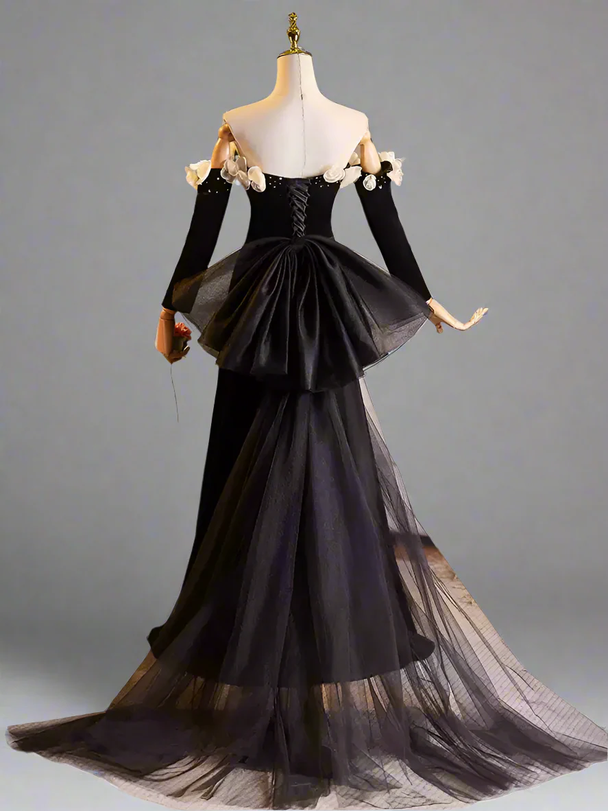Gothic Black Long Sleeve Evening Dress with Corset Back - Off-the-Shoulder Evening Gown with Flower Accessories and Bow Plus Size - Image 4