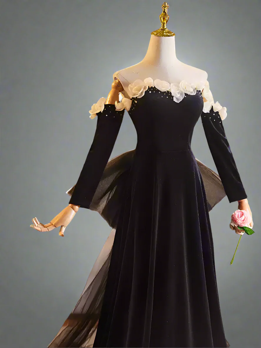 Gothic Black Long Sleeve Evening Dress with Corset Back - Off-the-Shoulder Evening Gown with Flower Accessories and Bow Plus Size - Image 5